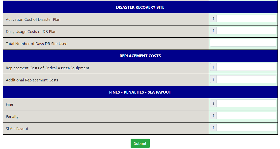 Partial Screen Shot Basic Downtime Calculator Tool