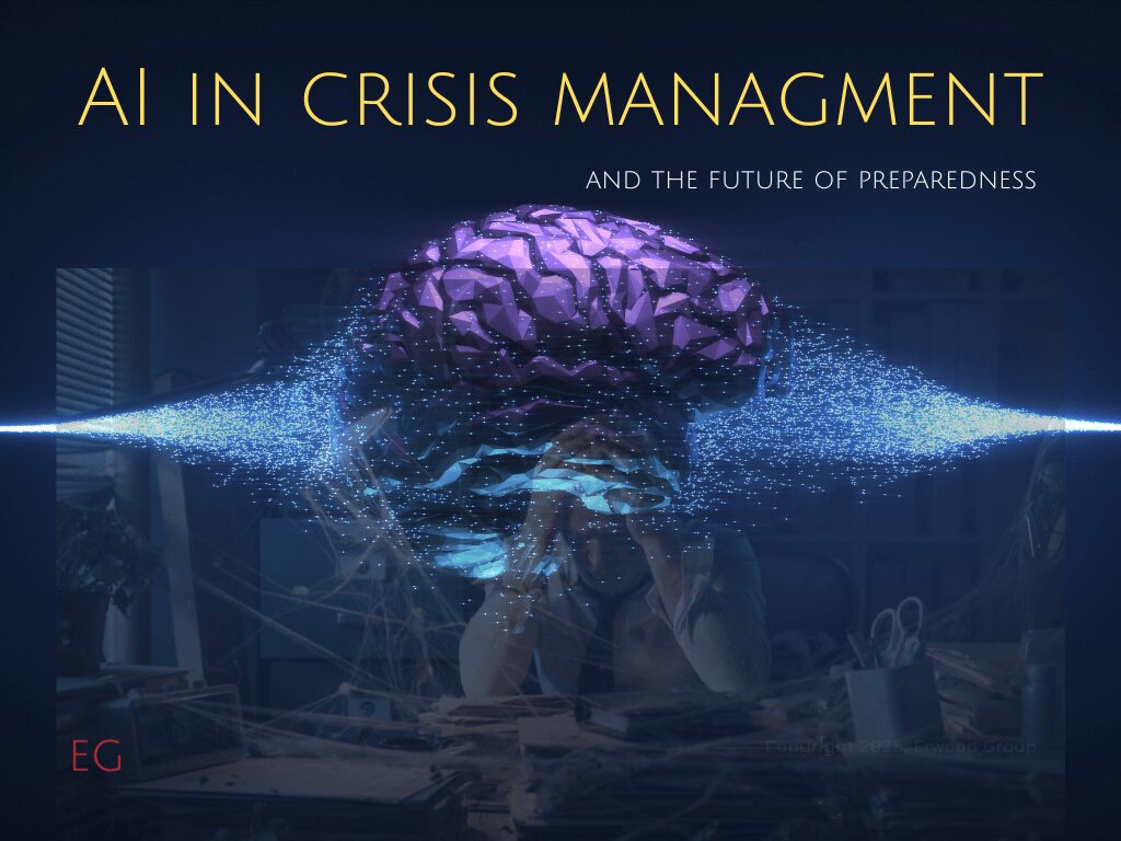 Image - AI in crisis managment - Purple Brain on dark blue backgroud with light coming from the sides - Man holding head in background.